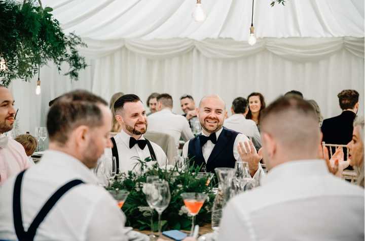 Wedding couple at table